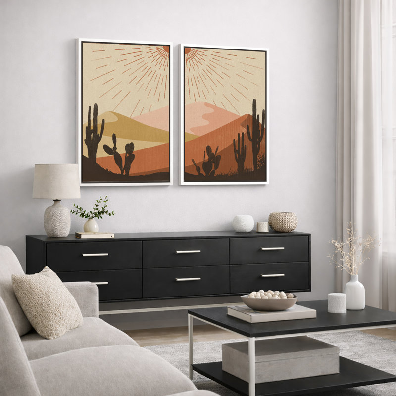 «Cactus Desert Brown Sun Rays Southwest Landscape», reproduction d'art sur toile encadrée 2 pièces, Blanc