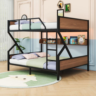 Metal Bunk Bed With LED Light Strip And Built-In Storage Shelves