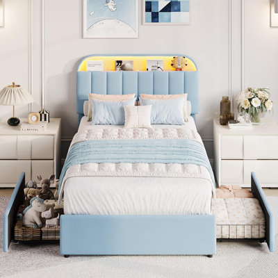 Twin XL Velvet Bed Frame with Storage Headboard & 2 Drawers, Upholstered Platform, No Box Spring Needed, Easy Assembly
