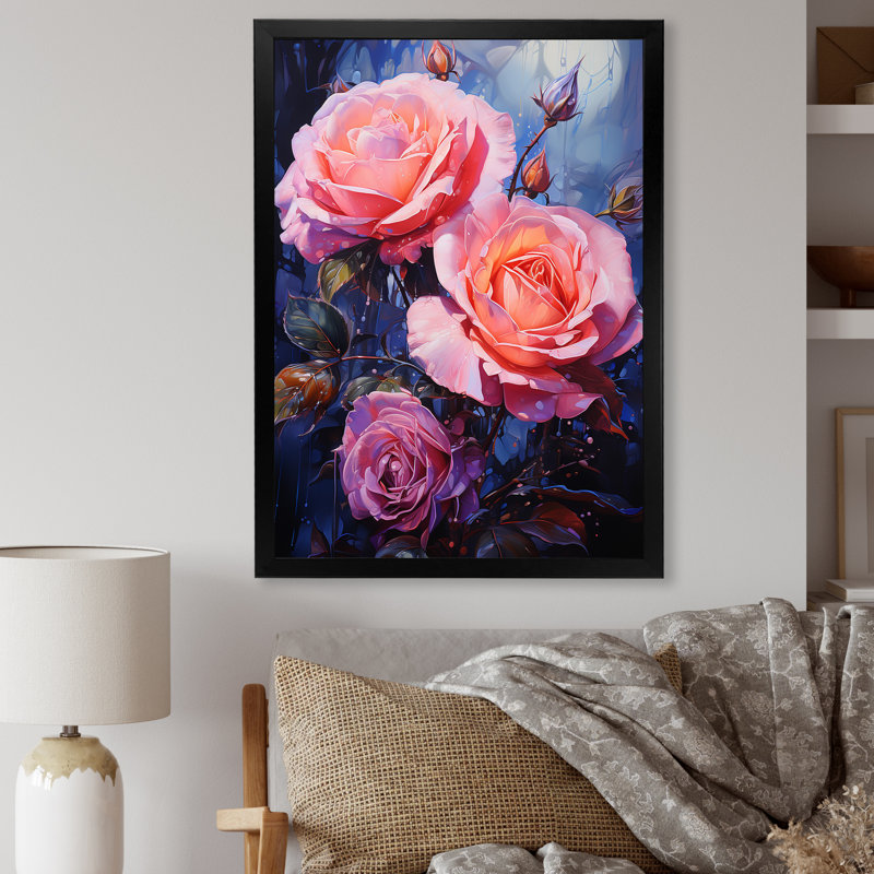 Fleur de néon rose sur toile, H 40 po x l 30 po x P 1,5 po, Cadre simple noir