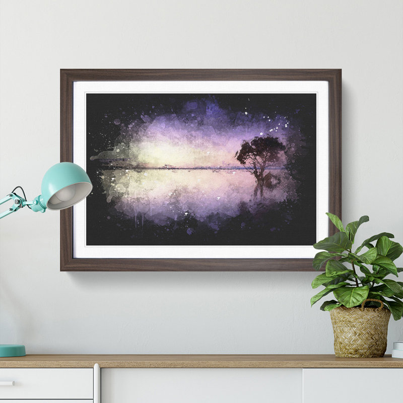 Tree Alone During a Purple Sunset - Picture Frame Graphic Art Print, 24cm H x 33cm W x 2cm D, Walnut Framed