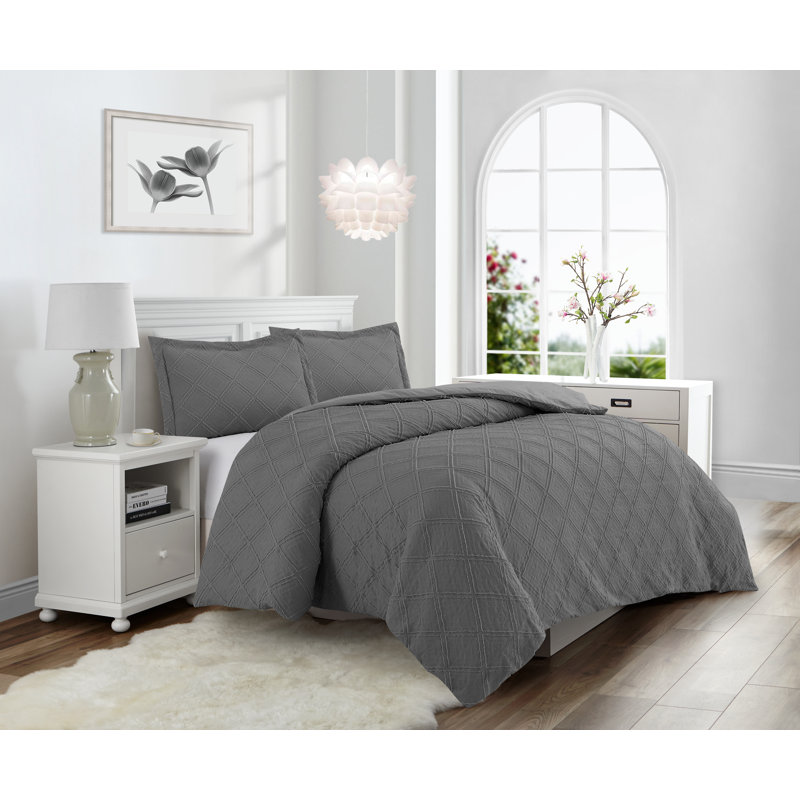 Parure de lit carrée en microfibre prélavée, Gris foncé, Housse de couette pour grand lit + 2 taies décora