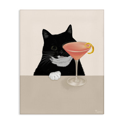 Cat & Pink Cocktail Canvas Wall Art by Tara Royle