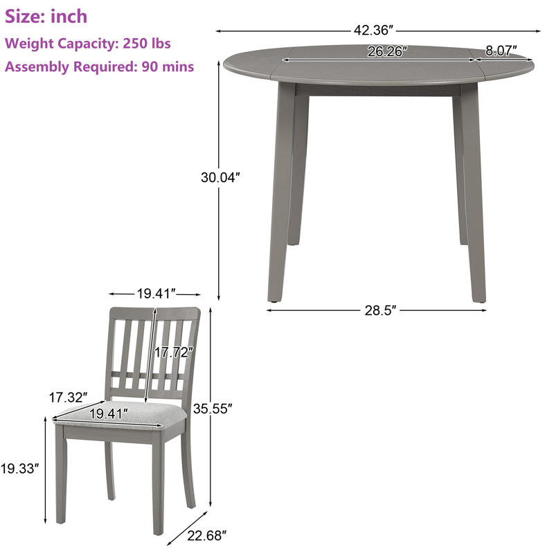 Ensemble de table de salle à manger 3 pièces avec 2 abattants, Marron clair