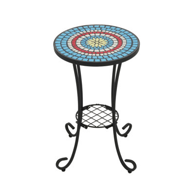 Patio Side Table With Shelf In Blue+black, Ceramic Tile Surface, 14" Wide X 22.04" High, Weather- Elegant For Patio, Blue And Black Tile, Construction, 14"x14"x22.04", Scratch- Surface