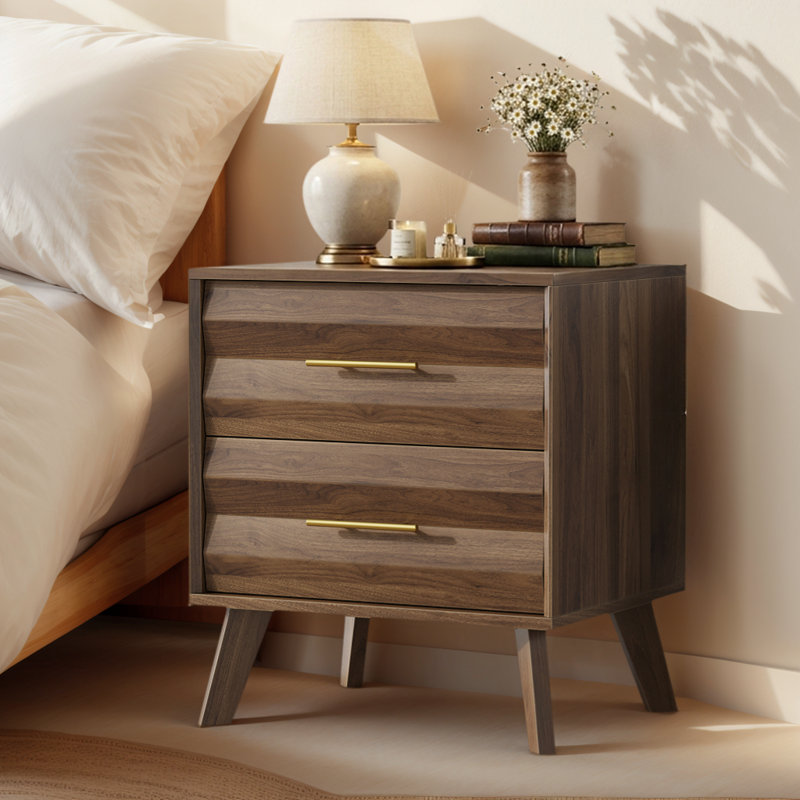 Table de chevet à double tiroir couleur noyer, meuble de rangement de style médiéval pour chambre à coucher moderne