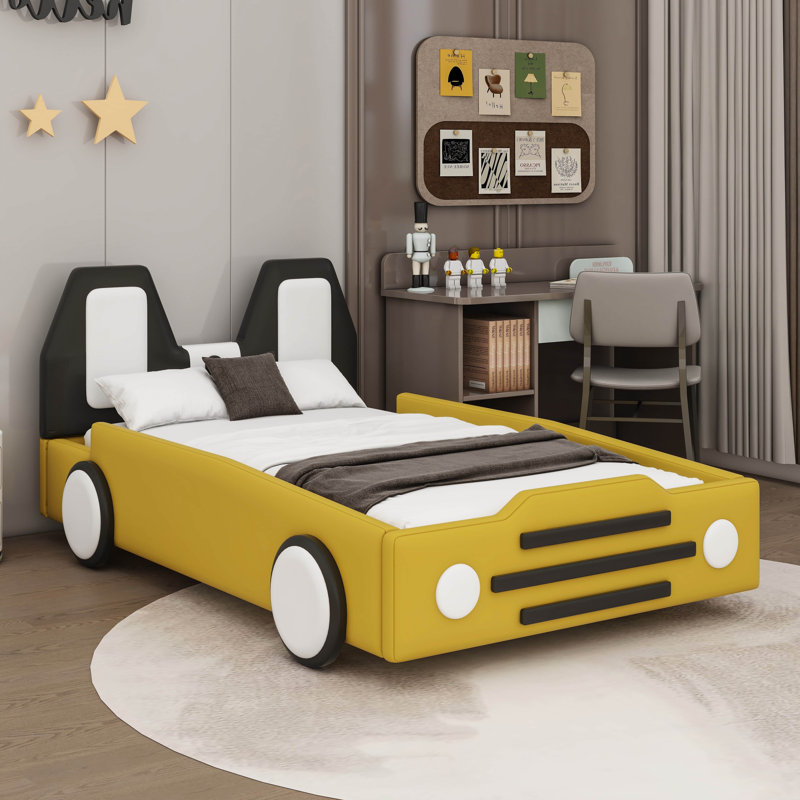Lit plateforme de course simple en forme de voiture avec roulettes Alexjandro, Jaune