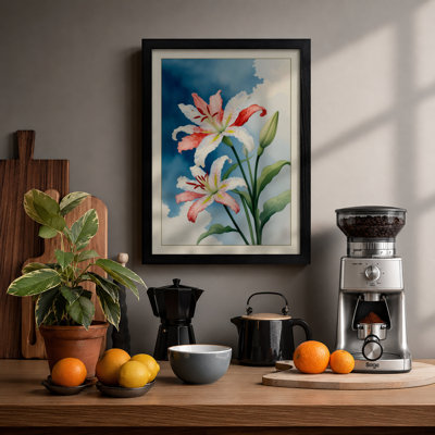 Pink Blooms in Blue Botanical - Framed Print