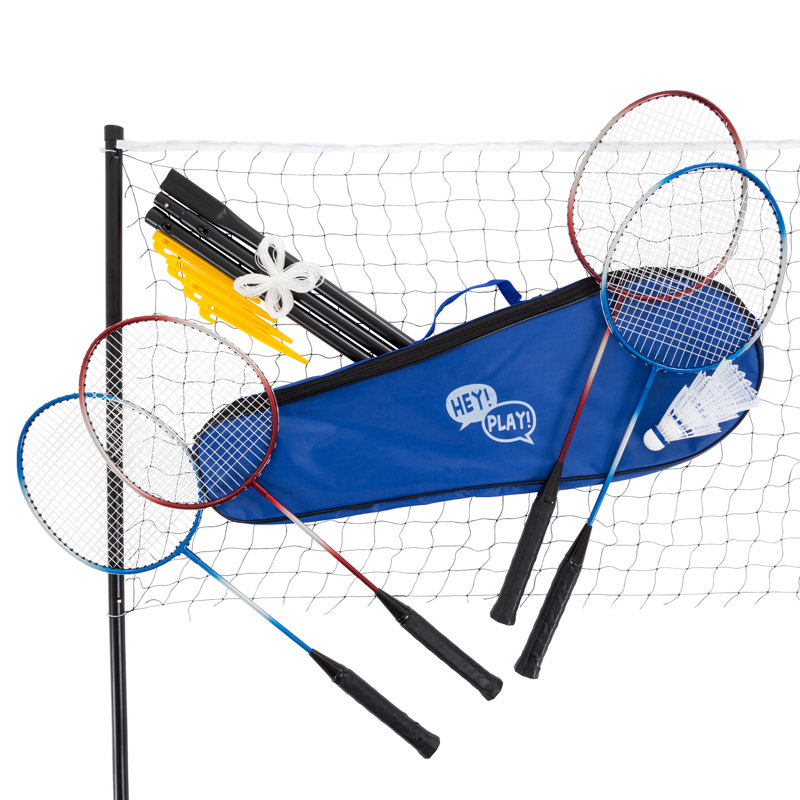 Ensemble de badminton - Les jeux de jardin comprennent 4 raquettes de badminton, 3 oiseaux, un filet de taille réglementaire avec piquets et un sac de transport - Sports de plein air par Hey Play