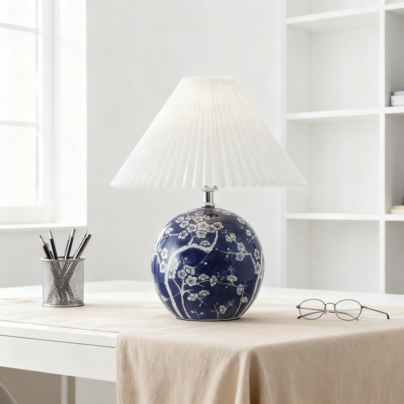 Lampe de table en céramique 19,5 pouces avec ampoule à DEL et abat-jour plissé, style classique chinois de style chalet pour chambre à coucher, bureau à domicile