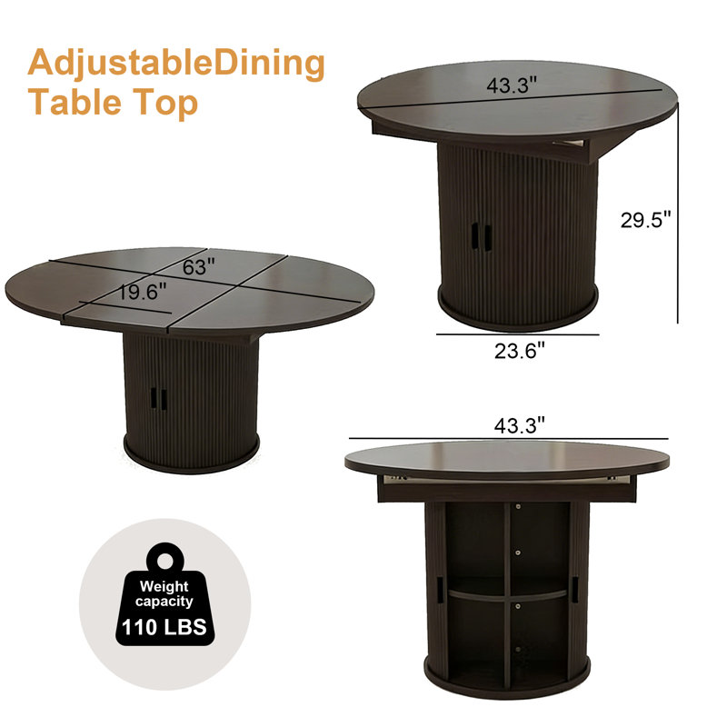Table de salle à manger extensible de style campagne moderne | Base de rangement cachée à 8 compartiments | 4 à 6 places