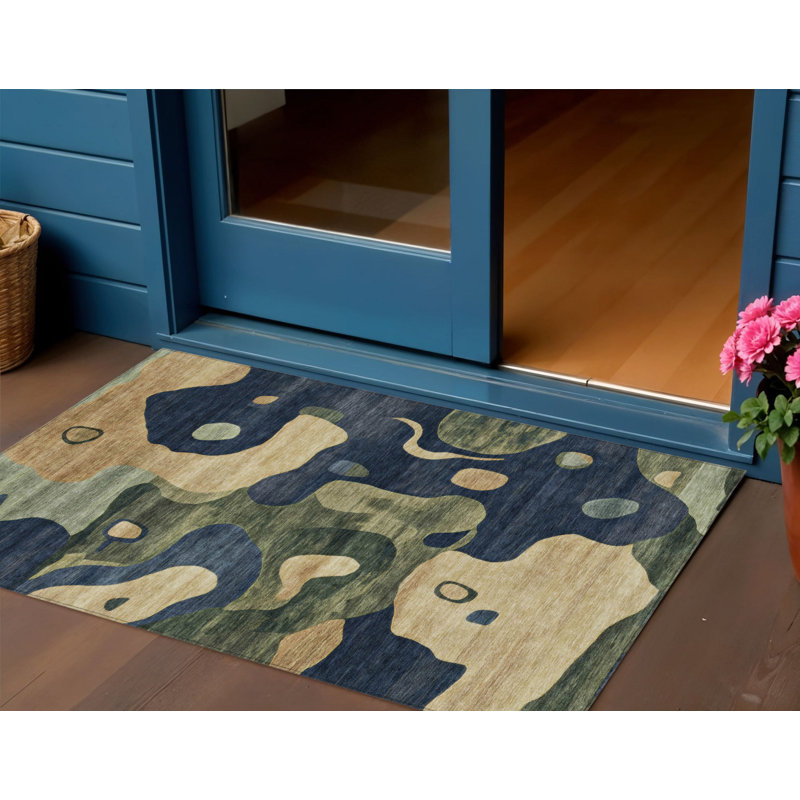 Tapis extérieur lavable abstrait bleu marine et vert olive 3 pi x 5 pi