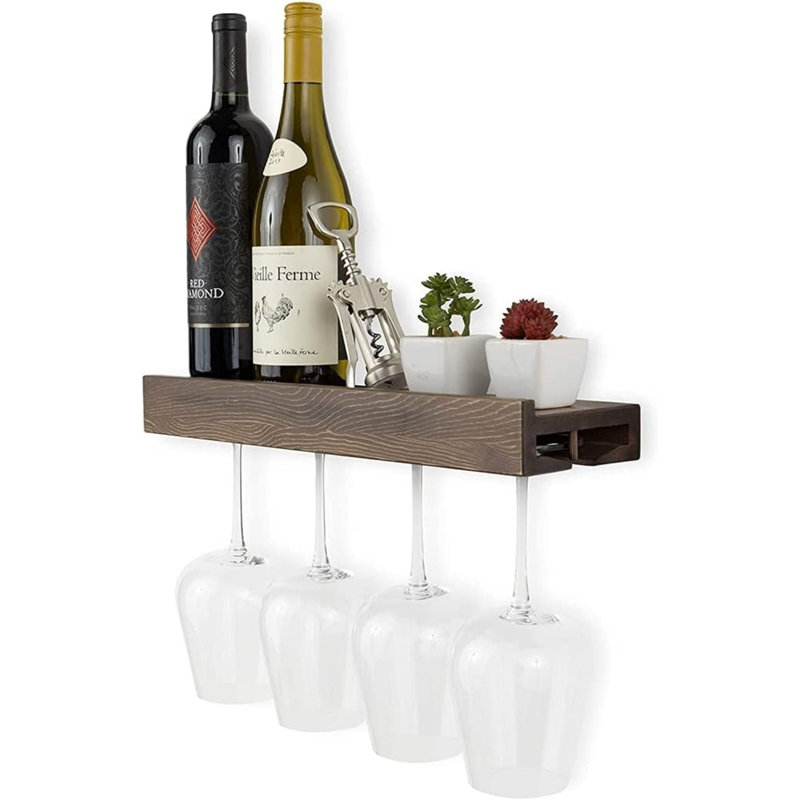 Support mural pour bouteilles de vin flottant en bois avec porte-verres