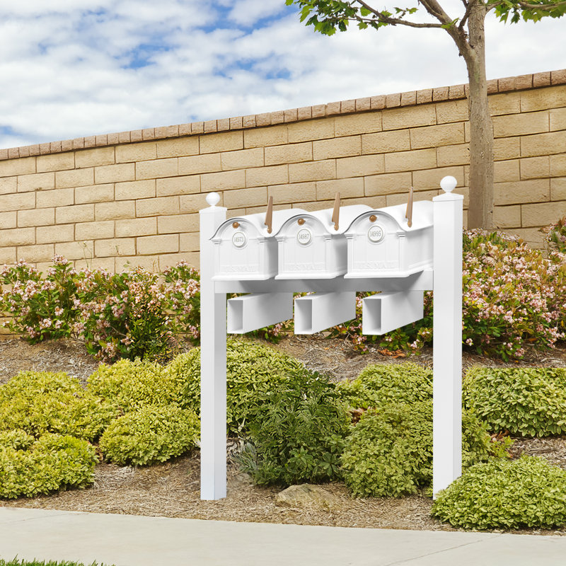 Balmoral Triple Mount Mailbox /w/ Ball Finials, Personalized Door Medallion, Newspaper Box (3 Mailboxes, Tri-Mount Rack, 3 Newspaper Boxes, 3 Medallions)