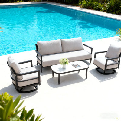 4PC Outdoor Conversation Set With Fully Weld 360° Swivel Club Chairs, Luxurious Bench Seat Sofa, Marble-Inspired Sintered Stone Coffee Table, Ember  Rust-Free Aluminum Frame & Sunbrella Cushions