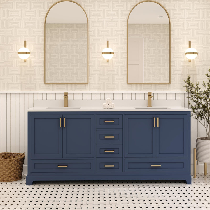Meuble-lavabo double 72 po Maya avec comptoir en quartz blanc, Bleu, Or brossé