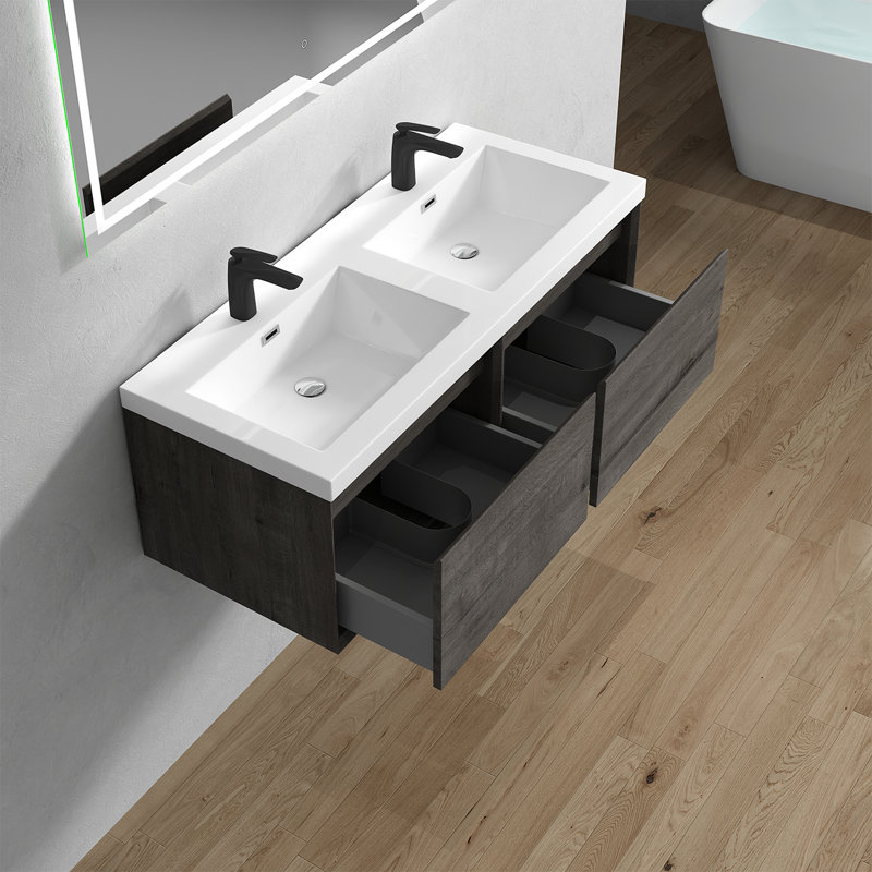 Bella 47" W x 19.6" D x 17.7" H Wall-Mounted Double Bathroom Vanity, Smoke Oak