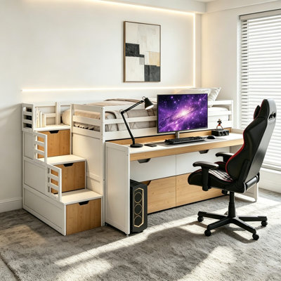 Low Loft Bed with Storage Stairs, Hidden Rolling Desk, Drawers and Twin Trundle