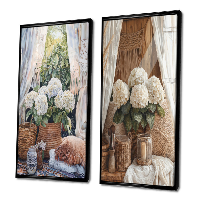 Boho hortensias par la tente Boho I - impressions sur toile florales 2 panneaux, Cadre flottant noir, H 32 po x l 33 po