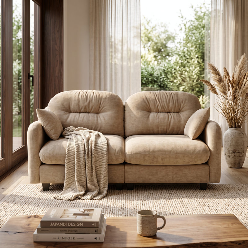 Canapé modulaire minimaliste en chenille plissée, 2 places, pour salon, couleur camel, 2 sièges