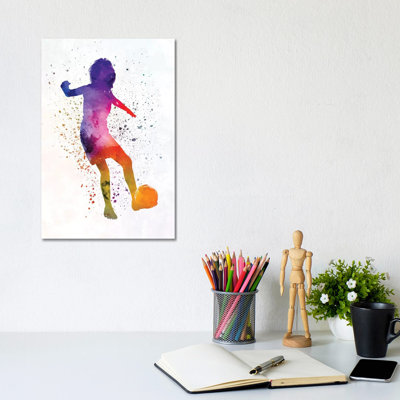 Woman Soccer Player 15 In Watercolour by Paul Rommer - Wrapped Canvas Painting