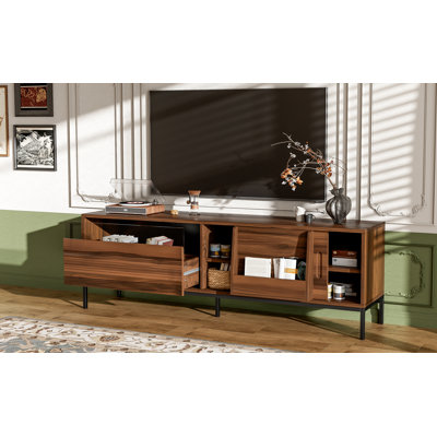 Meuble télé U-Can de 70,8 po pour téléviseur de 75 po ou moins, meuble télé avec espace de rangement, portes coulissantes, tablettes réglables et structure en métal, meuble télé Mid-Century moderne pour salon