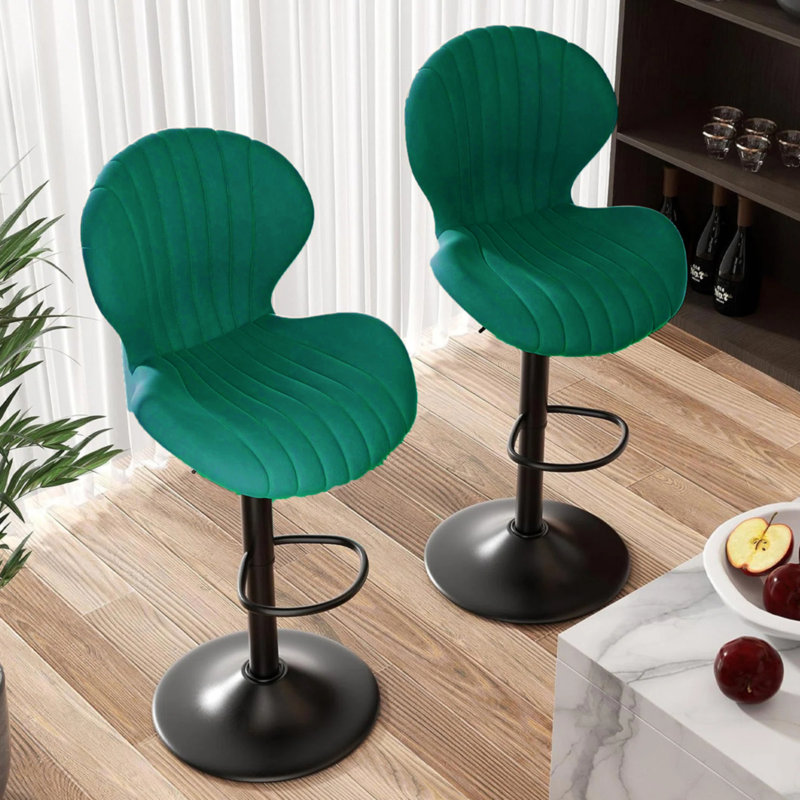 Lucah Swivel Adjustable Height Velvet Bar Stool with Shell Back, 2, Green