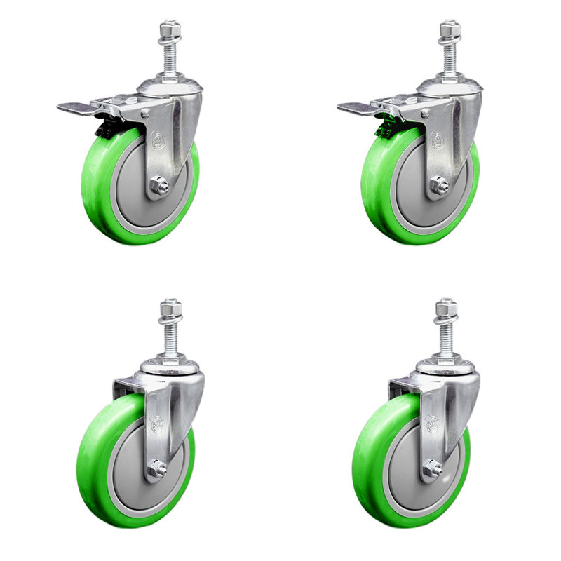 5 Inch SS Poly Swivel 10mm Threaded Stem Caster Set 2 Total Lock Brake, Orange
