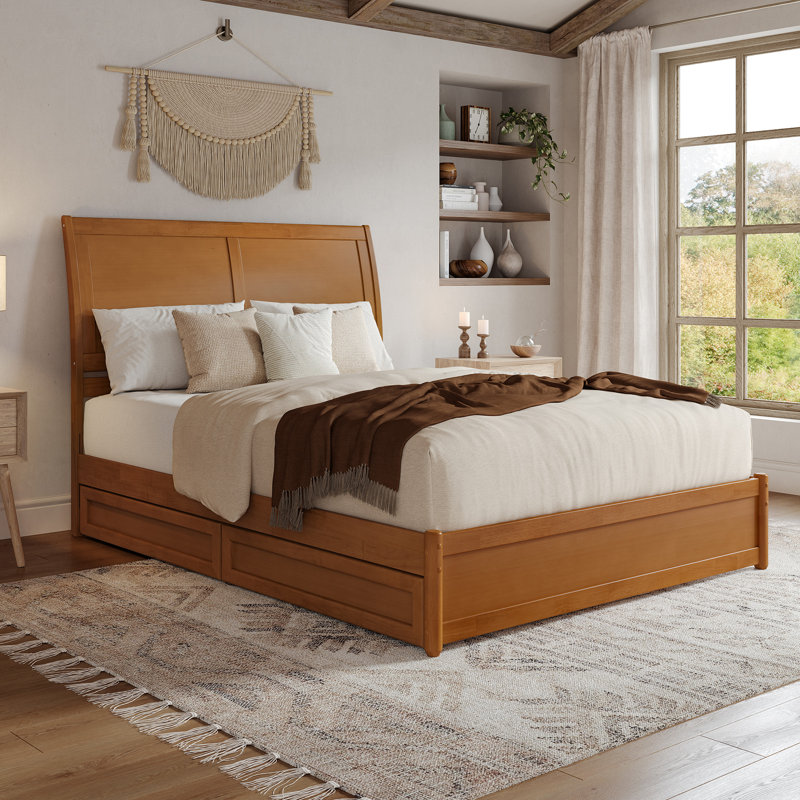 Lit plateforme en bois massif Lamayia avec pied de lit et tiroirs de rangement, Light Toffee, Grand