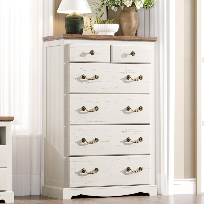 Mina Farmhouse 6 Chest Of Drawers For Bedroom, White, White