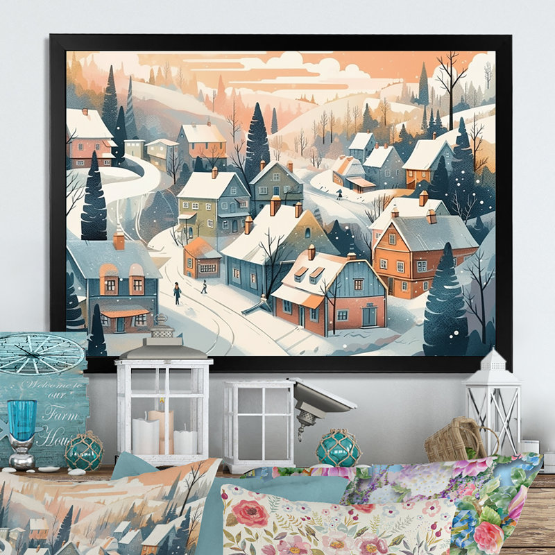 " Winter Village II ", Black Picture Framed, 12" H x 20" W x 1" D