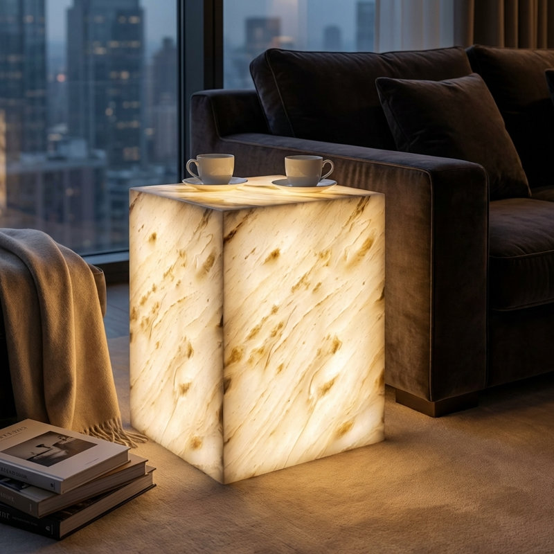 Signature Natural Marble Side Table - Modern Luxury With Dimmable Led Glow