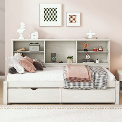 Twin Size Bed Frame With Side Bookshelves, Two Drawers and Built-in USB Port