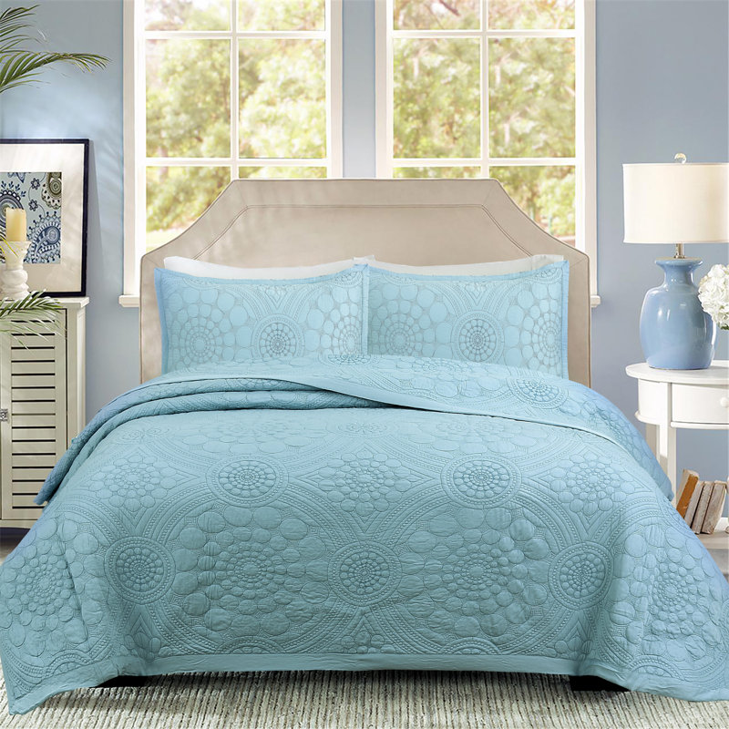  Ensemble de courtepointe réversible standard en coton 3 pièces, Bleu, Grand