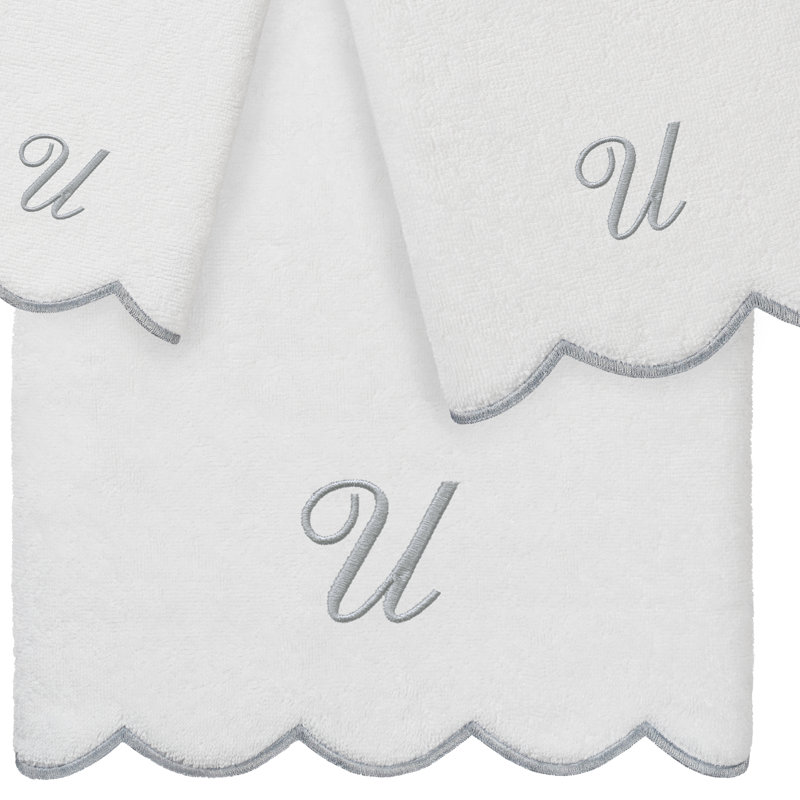  Ensemble de serviettes personnalisées 100% coton ADORNIA, Ensemble 3 serviettes de bain, U, Blanc / Gris