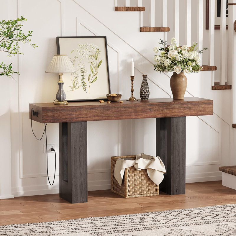 63-inch Console Table with Power Outlet, Extra Long Sofa Table with USB & Type C for Hallway, Brown, Black