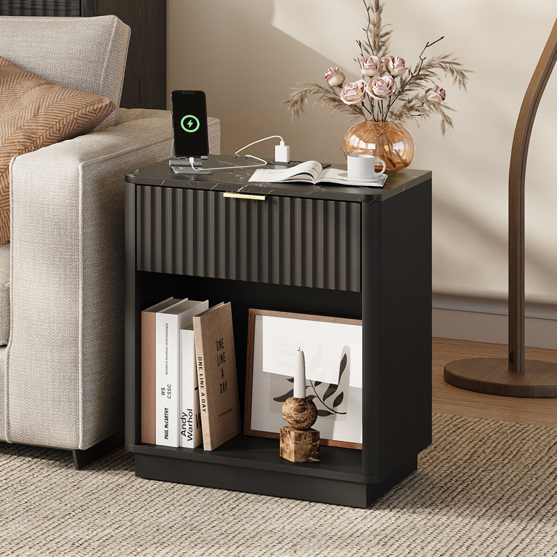 Valerica Fluted Nightstand with LED Light and Charging Station, Black