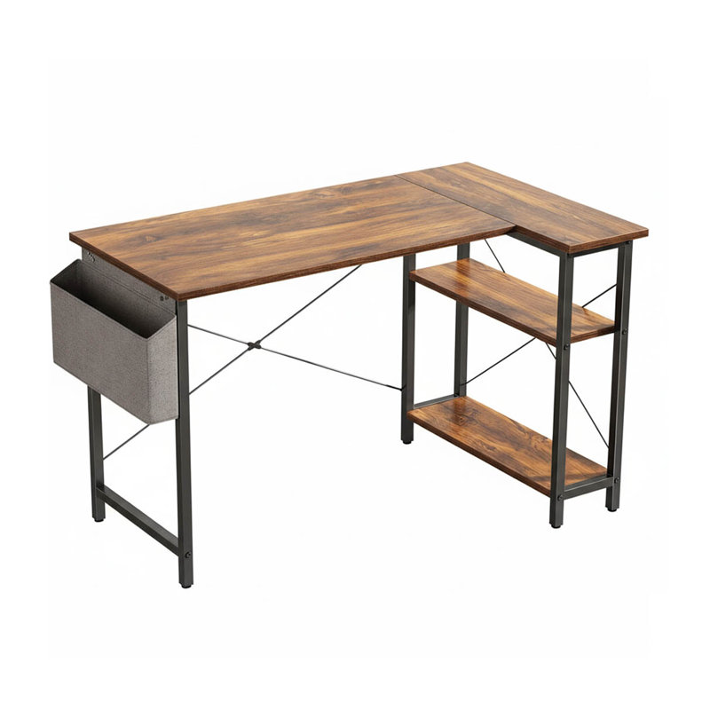 L-Shaped Metal Base Computer Desk, Brown/Black