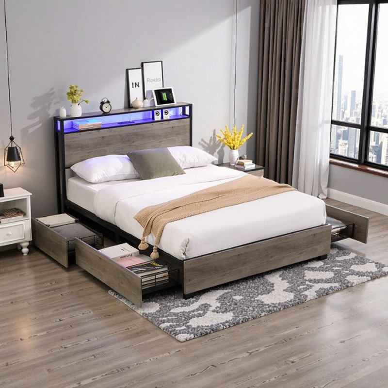 Cadre de lit double avec rangement gris antique avec tête de station de charge, lumières DEL intelligentes RVB et tiroirs silencieux - Assemblage facile, sans sommier