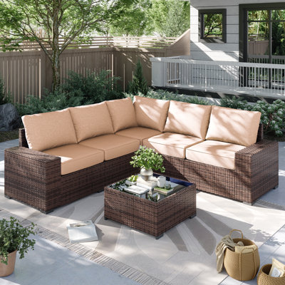 Ensemble de meubles de patio 6 pièces, avec coussins et table basse en verre, ensemble de canapé modulaire en osier de rotin Pe