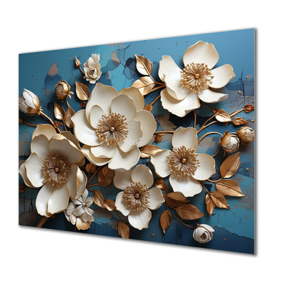 Golden White And Blue Orchid Flowers Tree II - Abstract Floral Metal Wall Art