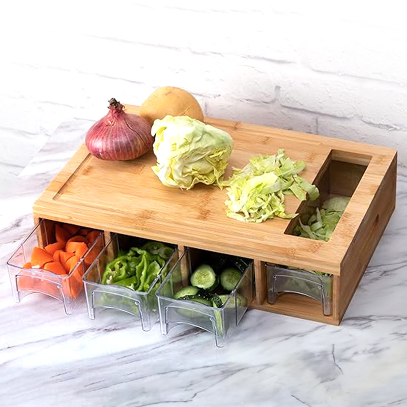 Bamboo Cutting Board with Clear Plastic Storage Trays