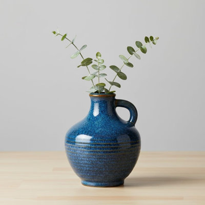 6-Inch Dark Blue Ceramic Vase with Handle, Rustic Modern Flower Vase