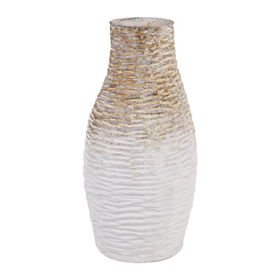Modern Textured Terracotta Flower Vase for Home Decor - Contemporary Tall Table Vase for Living Room or Shelf Accent - Brown & White