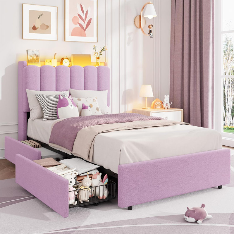 LED Twin XL Bed Frame with Storage Headboard & 2 Drawers, Wavy Bookcase, Wood Slats, No Box Spring, Purple, Twin XL