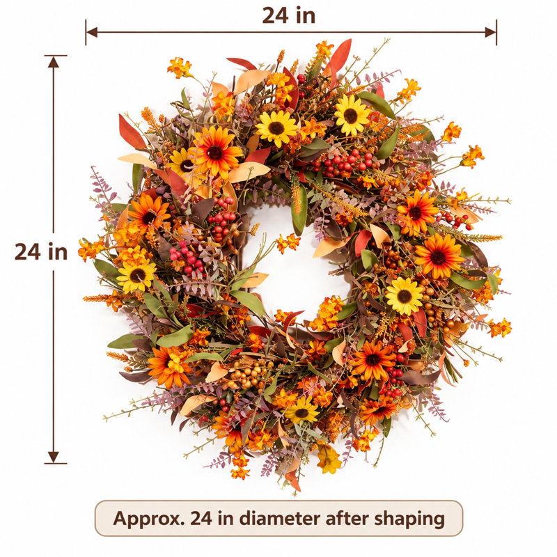 Couronne d'automne 24 po avec baies et feuilles de tournesol pour porte d'entrée