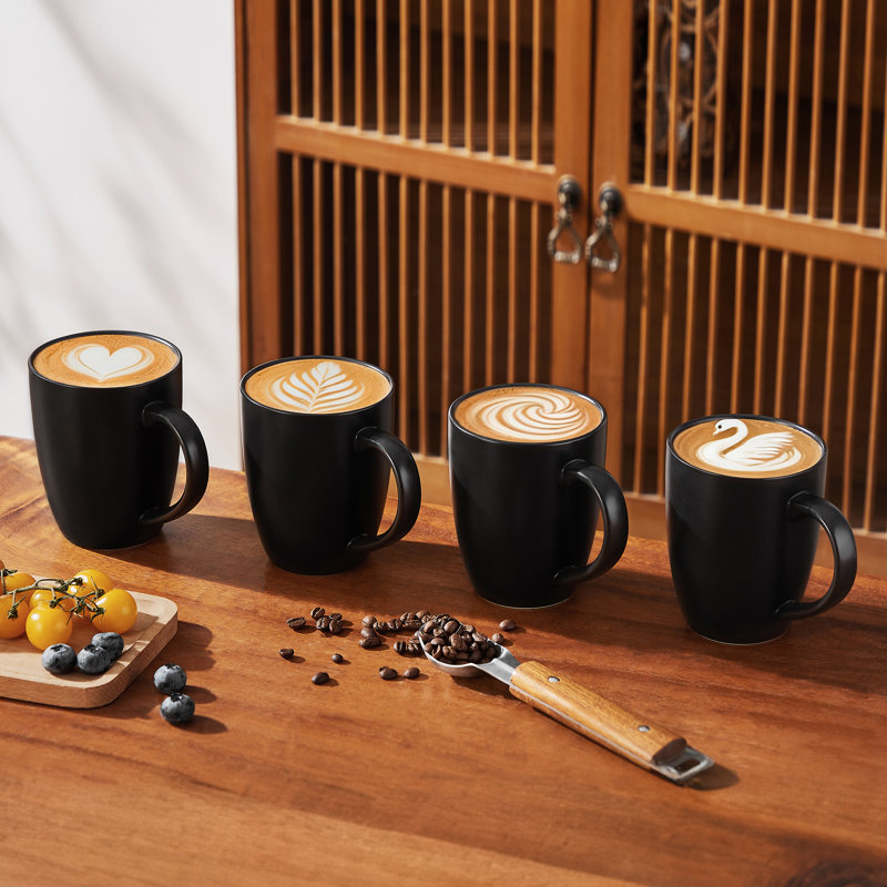 Ensemble de tasses 4 pièces noir mat moderne, 4 tasses à café en grès épuré 14 oz, va au lave-vaisselle, Verre à whisky, Noir