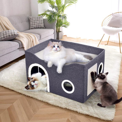 Cat House For Indoor Cats - Large Cat Bed Cave With Fluffy Ball And Scratch Pad, Foldable Cats Houses & Condos, Cat Hideaway, Covered Kitty Bed For Multi Small Large Kitty, 23.8X15.9X13.2 Inch