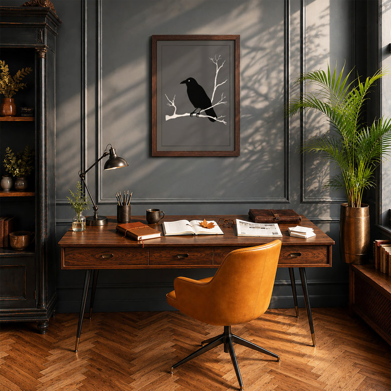 Bird on Branch Minimalist - Framed Print, Walnut, A3 - 42.0 x 29.7 cm