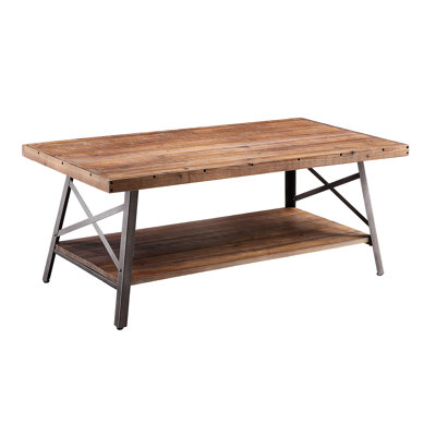 Weathered Oak Pine Veneer Rectangular Storage Coffee Table With Rustic Charm, Open Compartment And Metal "X" Accents For A Modern Appeal, 19.5H X 48.5